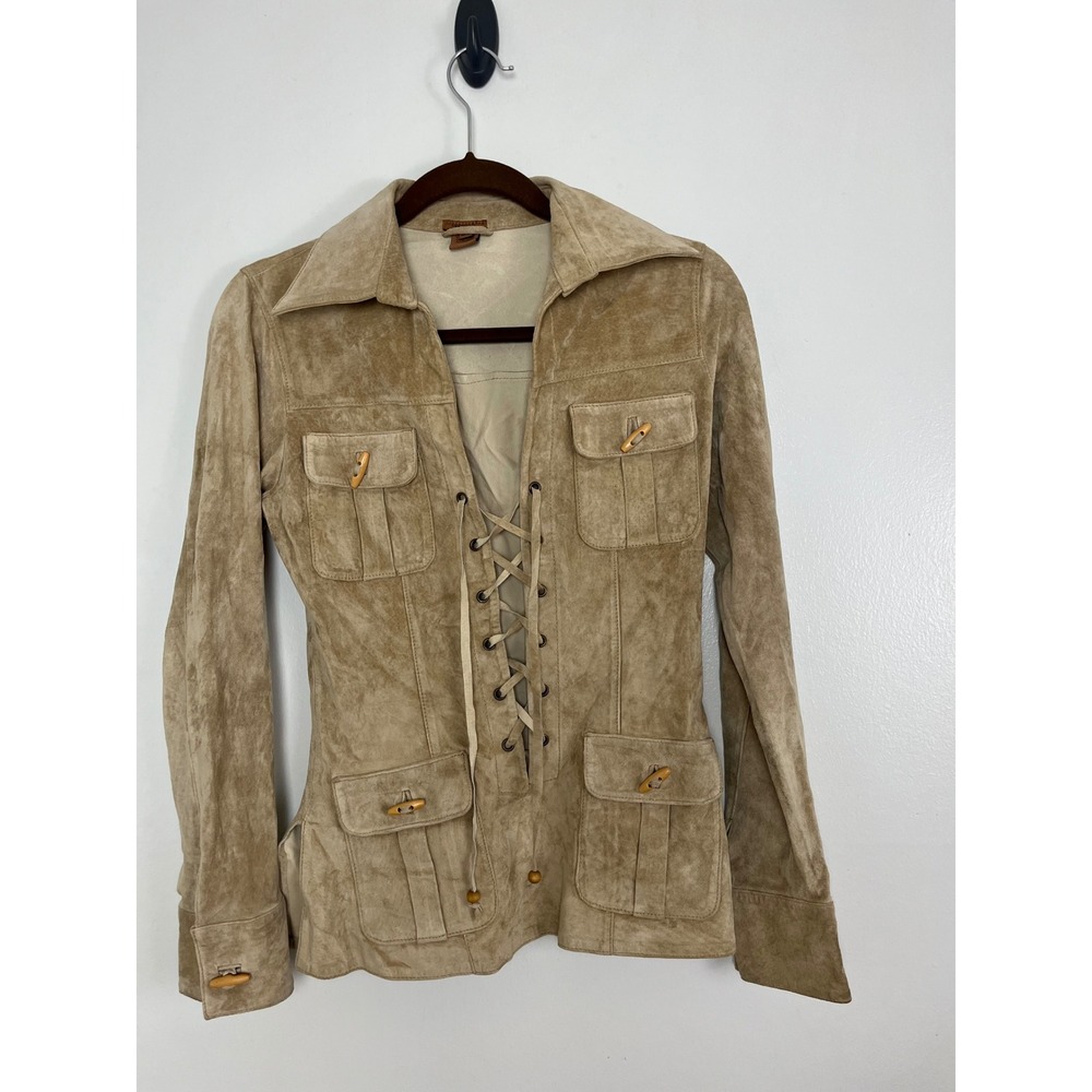 VTG Boho Western Lace Up Suede Leather Jacket Top XS Tan Frog Toggle Pockets